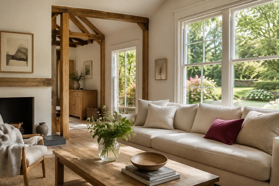 A sunlit living room with natural oak, a linen sofa and garden views